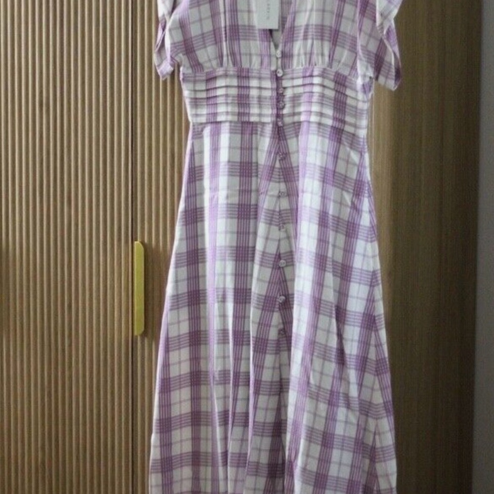 Lavender Gingham Midi Dress with Buttons - Picture 3 of 8